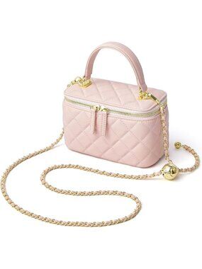 Women Light Pink Small Leather Purse Quilted Mini Box Chain Strap Crossbody Bag